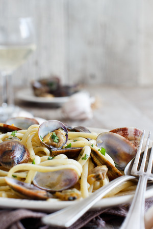 Linguini with clams - Traditional italian seafood pastaの写真素材