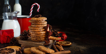 Homemade oatmeal cookies with spices and pine cones