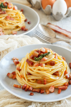 Traditional italian dish spaghetti carbonara with bacon, egg and cheeseの写真素材