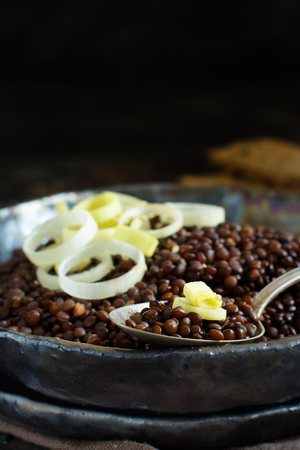 Black beluga lentils and vegetables stew close upの写真素材