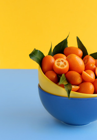 Kumquat fruits in a bowls on a blue and yellow backgroundの写真素材