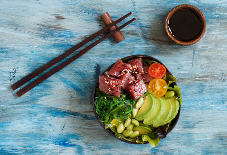 Hawaiian tuna poke salad in the bowl top view