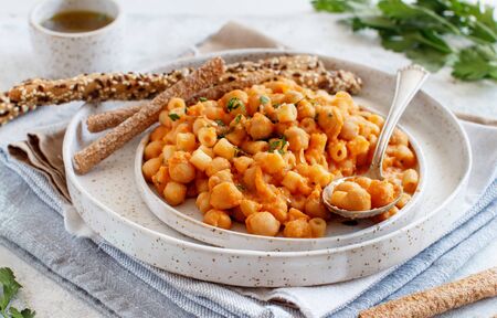 Ditalini pasta with chickpeas italian recipe close upの写真素材
