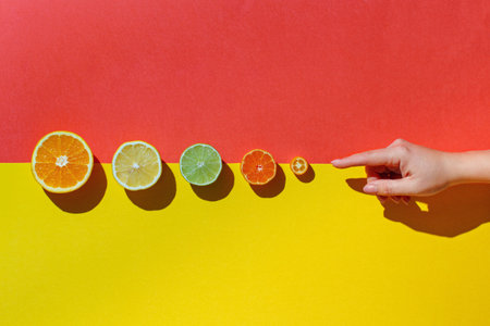 Citrus fruits on red and yellow background
