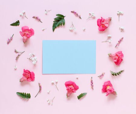 Pink flowers and paper on a light pink background top viewの写真素材