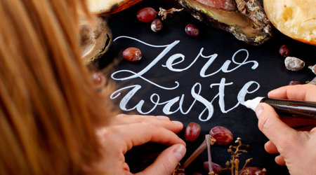 Somebody writing on a chalkboard Zero Waste lettering with rotten fruit around