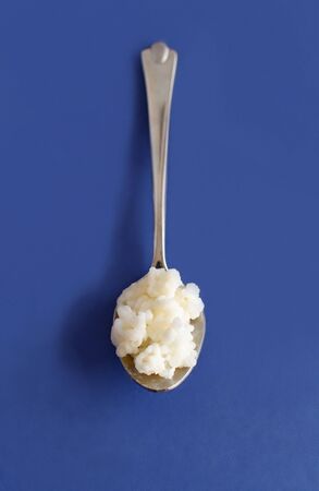 Kefir grains in a spoon on a blue background close upの写真素材