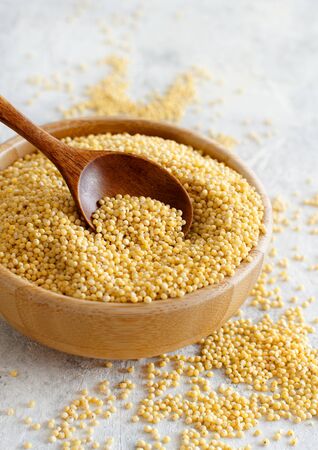Raw dry hulled millet in a wooden bowl with a spoon with a copy spaceの写真素材