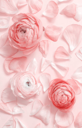Pink ranunculus flowers and petals on a light pink background top view