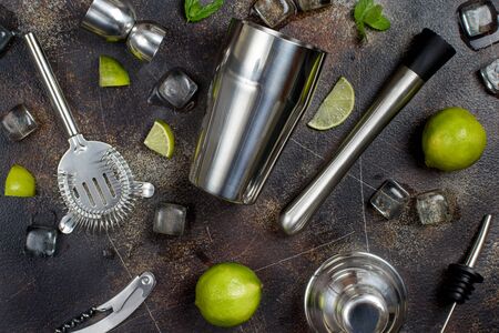 Ingredients and barmen tools for Mojito cocktail top viewの写真素材