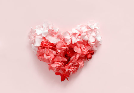 Heart made of pink flowers top view on light pink background