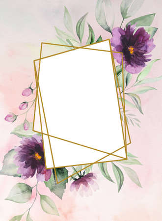 Watercolor purple flowers and green leaves frame card romantic illustration with watercolor background. For wedding stationary, greetings, wallpaper, fashion, postersの写真素材