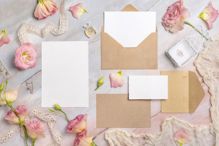Wedding stationery set with envelope laying on a marble table decorated with flowers and ribbons....