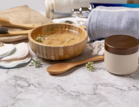 Eco friendly reusable accessories and natural organic cosmetics for skin and body care on marble table, copy space. Zero waste bath or spa products. Sustainable lifestyle conceptの写真素材