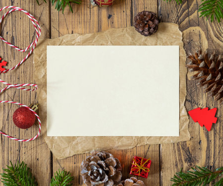 Winter Christmas Composition with a blank card over wooden table flat lay. Christmas and New Year greeting card template with fir tree branches, pine cones and Chritmas decorations top view. Holiday mockupの写真素材