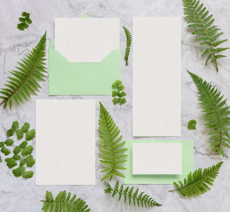 Wedding stationery set of cards and envelope decorated with fern leaves top view on marble table. Tropical mock-up scene with blank paper card flat layの写真素材