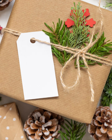 Christmas wrapped present with paper gift tag with fir tree branches, pine cones and holiday decorations close up. Rustic winter composition with blank Gift tag Mockup, copy space, flat layの写真素材