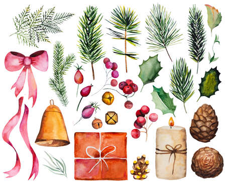 Winter Christmas Watercolors set with fir tree branches, berries, pine cones, present and candle isolatedの写真素材