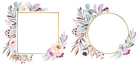 Winter floral Watercolor round and square frames with pastel leaves, berries and flowers isolated on white. Floral blue, purple and red arrangement for wedding cards, holiday stationery, craftingの写真素材