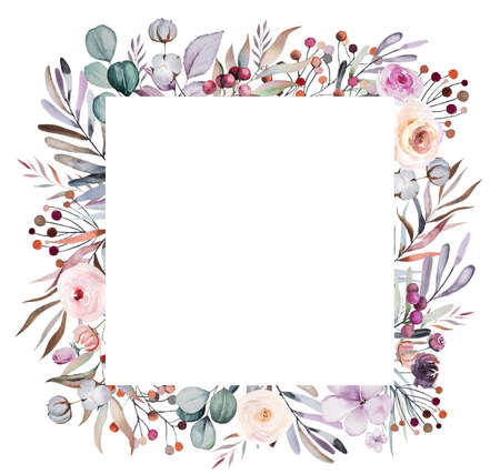 Winter floral Watercolor square frame with pastel flowers, leaves, berries and flowers isolated on white. Floral blue, purple and red arrangement for wedding cards, holiday stationery, craftingの写真素材