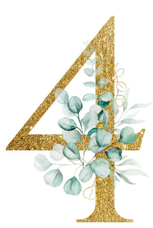 Golden glitter number 4 decorated with Watercolor eucalyptus branches isolated on white. Sparkling numbers with green eucalyptus leaves. Botanical number four for wedding cards, holiday stationery, craftingの写真素材