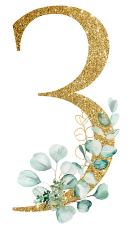 Golden glitter number 3 decorated with Watercolor eucalyptus branches isolated on white. Sparkling numbers with green eucalyptus leaves. Botanical number three for wedding cards, holiday stationery, craftingの写真素材