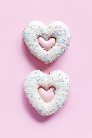 Flat lay of two heart shaped gingerbread cookies with sprinkles and icing on pink background. Top view of tasty Valentine's Day bakery, homemade bakery for romantic holidayの写真素材