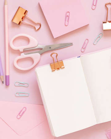Opened notebook and Pink school accessories on pastel pink, Top view, textbook mockup. Girly workplace with scissors, pencils, paperclips, sticky note paper and envelope. Back to school conceptの写真素材