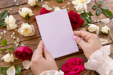 Hands with blank paper card surrounded by red and cream roses close up on a wooden table. Femminine romantic mockup near flowers, Valentines day conceptの写真素材