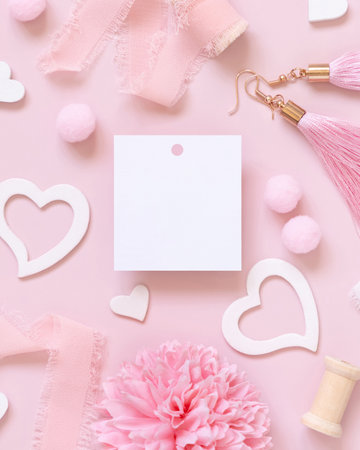 Blank square gift tag, hearts, flowers, silk ribbons and tassel earrings on pink top view. Romantic scene with blank label mockup flat lay. Valentines day, wedding and girly concept.の写真素材