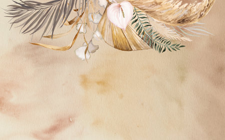 Watercolor Bohemian border with tropical and cotton flowers, dried palm leaves and pampas grass illustration with watercolor background, copy space. Beige Element for wedding design and craftingの写真素材
