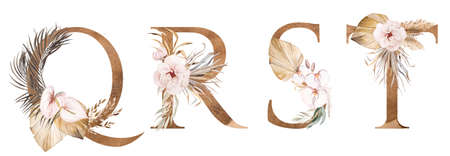 Watercolor letters Q, R, S, T with tropical and cotton flowers, dried palm leaves and pampas grass, bohemian alphabet illustration. Beige Elements for wedding design and craftingの写真素材