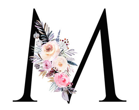 Black letter M with pastel watercolor winter bouquet isolated on white. Winter boho letter with leaves, berries and flowers in blue, lavender and pink. Alphabet floral Elements for wedding designの写真素材