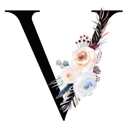 Black letter V with pastel watercolor winter bouquet isolated on white. Winter boho letter with leaves, berries and flowers in blue, lavender and pink. Alphabet floral Elements for wedding designの写真素材
