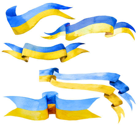 Blue and yellow Watercolor banners with copy space. Watercolor vintage flag Illustration. Hand drawn isolated element for holiday and wedding stationery, greeting cardsの写真素材