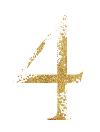 Golden glitter number 4 with dispersion effect isolated illustration. Sparkling number four for wedding cards, holiday stationery, craftingの写真素材