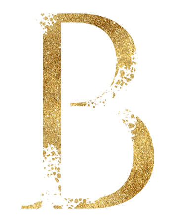 Golden glitter capital letter B with dispersion effect isolated illustration. Sparkling alphabet element for wedding cards, holiday stationery, craftingの写真素材