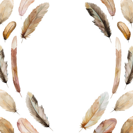 Watercolor frame  made of brown and beige feathers, Bohemian illustration isolated. Monochrome element for boho wedding stationery, greeting cards and other printing and craft projectsの写真素材