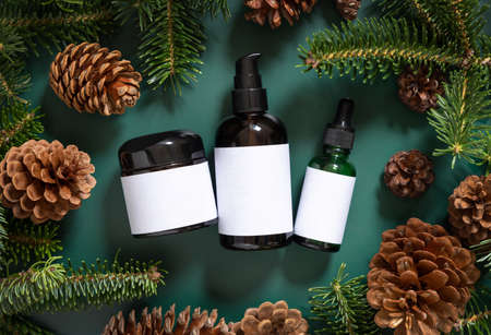 Brown glass jars near fir branches and pine cones on dark green top view. Brand packaging mockup. Skincare beauty product, cream or serum. Healthcare natural cosmetics conceptの写真素材