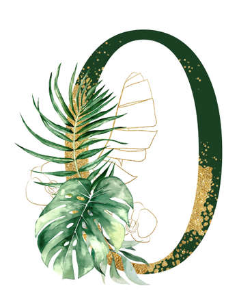 Golden and green number 0 decorated with green and golden tropical leaves Watercolor illustration isolated. Sparkling Exotic number zero with palm, monstera and banana leaves. Wedding stationery elementの写真素材