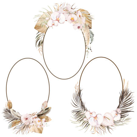Watercolor Bohemian oval frames with tropical and cotton flowers, dried palm leaves and pampas grass illustration with copy space isolated. Beige Element for wedding design, greetings cards, craftingの写真素材