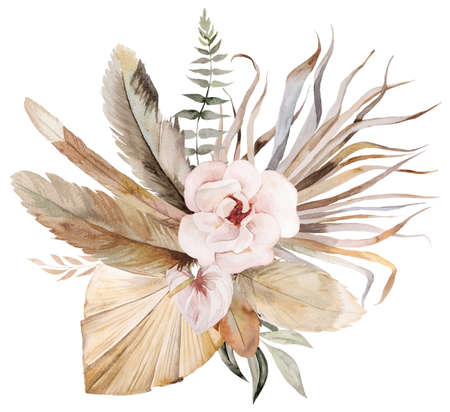 Watercolor Bohemian bouquet with feathers, tropical flowers, dried palm leaves and pampas grass illustration, copy space. Arrangement for wedding designの写真素材