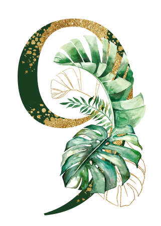 Golden and green number 9 decorated with green and golden tropical leaves Watercolor illustration isolated. Sparkling Exotic number nine with palm, monstera and banana leaves. Wedding stationery elementの写真素材