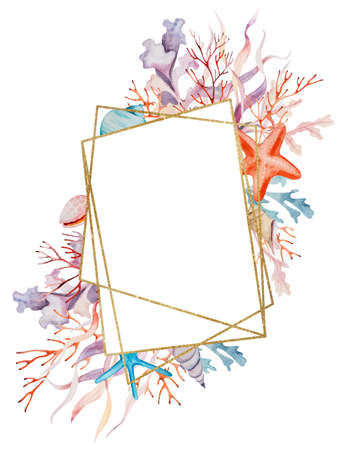 Watercolor frame made from seaweeds, starfishes and seashells isolated. Underwater element, Illustration for greeting cards, summer beach wedding invitations, crafting, printingの写真素材