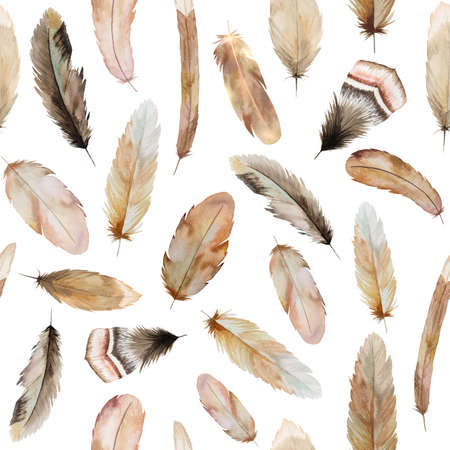 Watercolor seamless pattern made of brown and beige feathers, Bohemian illustration isolated. Monochrome element for boho wedding stationery, greeting cards and other printing and craft projectsの写真素材