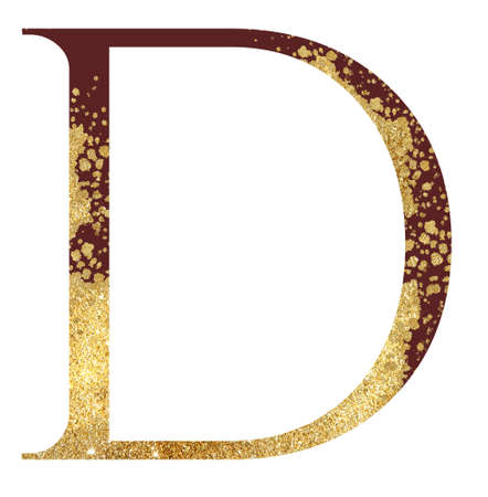 Dark red and Golden glitter capital letter D with dispersion effect isolated illustration. Festive alphabet element for wedding cards, holiday stationery, festive cards and invitationsの写真素材
