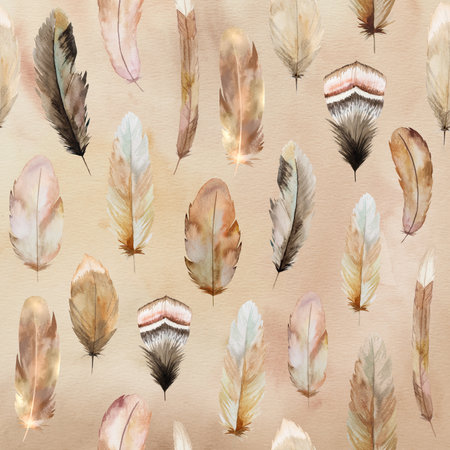 Watercolor seamless pattern made of brown and beige feathers, Bohemian illustration isolated. Monochrome element for boho wedding stationery, greeting cards and other printing and craft projectsの写真素材