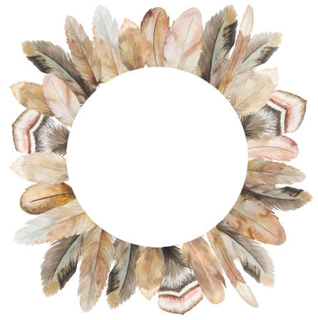 Watercolor Bohemian round frame made with beige and brown feathers illustration, copy space. Element for wedding stationery, greetings cards. Hand painted frameの写真素材