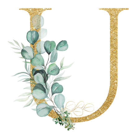 Golden letter U decorated with green Watercolor eucalyptus branches isolated on white. Sparkling alphabet letters with green leaves and flowers. Botanical element for wedding and holiday stationeryの写真素材