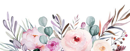Watercolor pastel roses and peonies flowers and green leaves border illustration with copy space isolated on white for wedding stationary, greetings cards. Hand painted frame, watercolor backgroundの写真素材